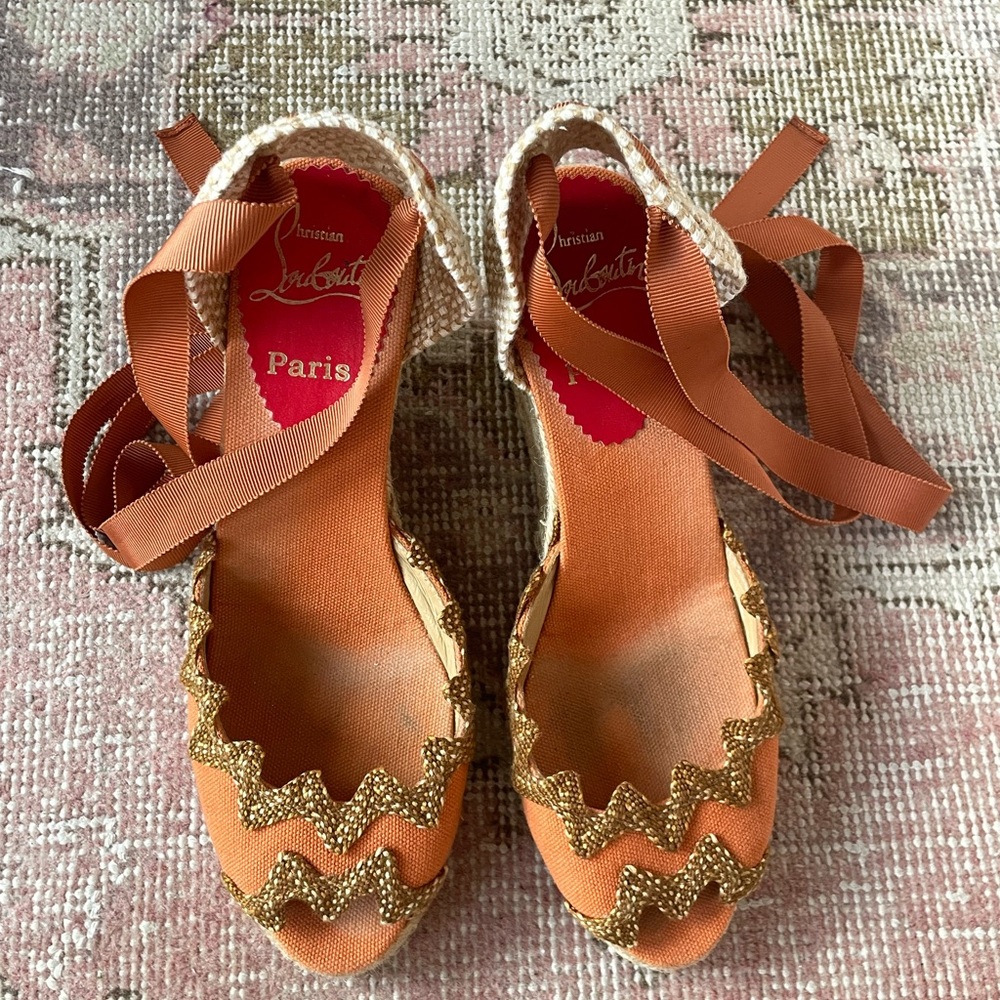 christian louboutin paris orange peep toe canvas fabric cork wedge heels size 7